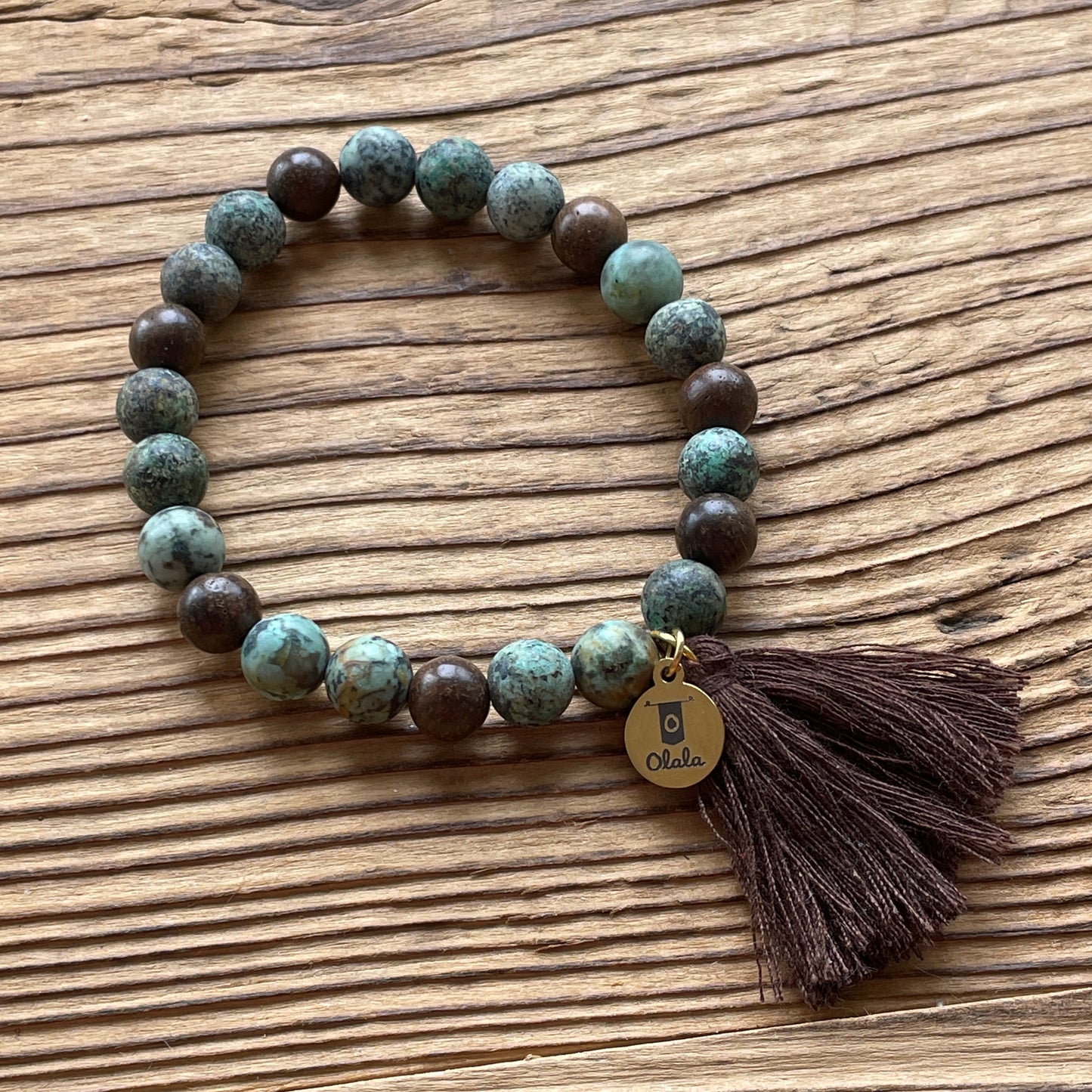 Perles en bois et Jaspe verte aux couleurs de la Turquoise Africaine