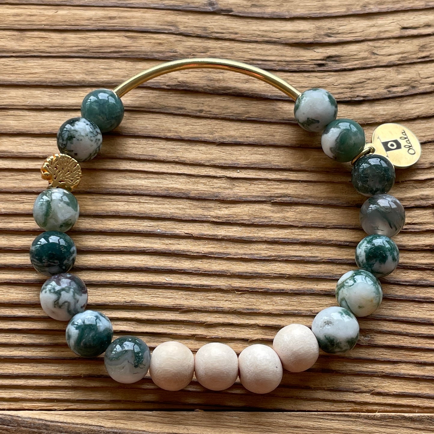 Bracelet en perles d'Agate Mousse, tige courbée et arbre de vie doré